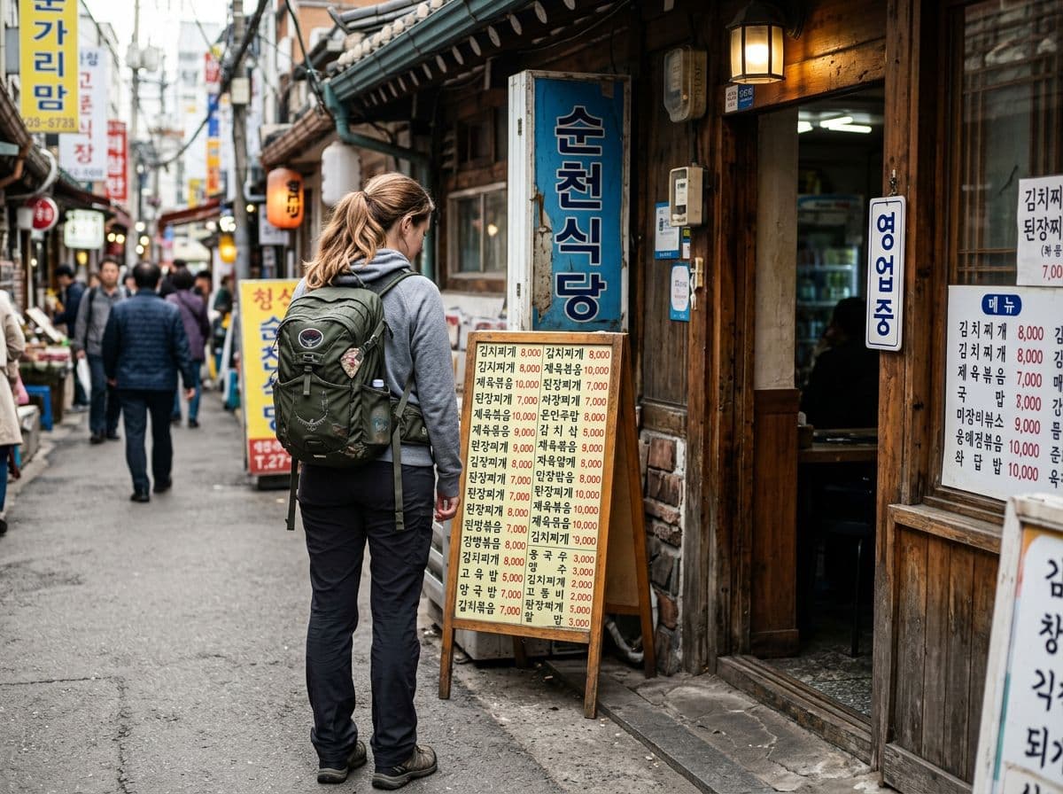 한글로만 작성된 메뉴판이 진열된 한국 식당 외관